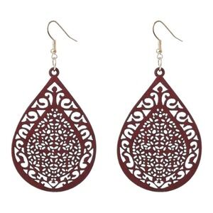 Maroon Wood Carved pattern droplet shaped Dangle, Earrings retro Ethnic Style